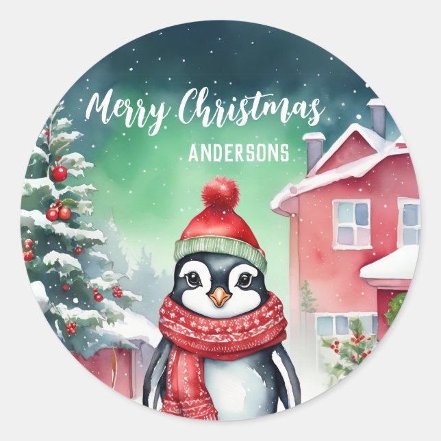 Cute penguin Santa Christmas birthday snow party Classic Round Sticker (Front)