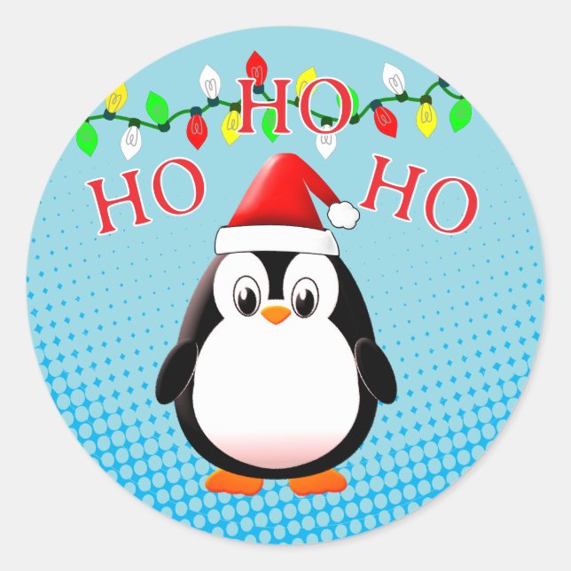Cute Penguin Santa Hat Christmas Lights Classic Round Sticker (Front)