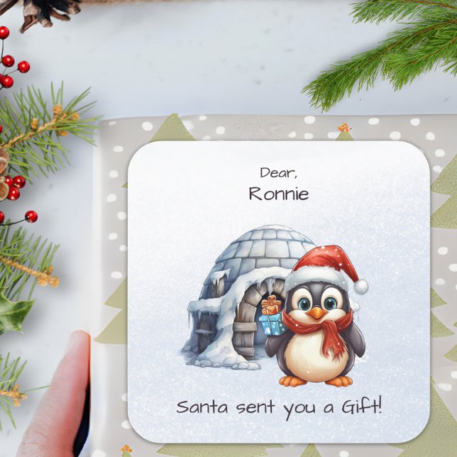 Cute Penguin Santa Hat Snowflakes Kids Christmas Square Sticker (Creator Uploaded)