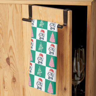 Cute Penguin Santa Merry Christmas tree party Tea Towel