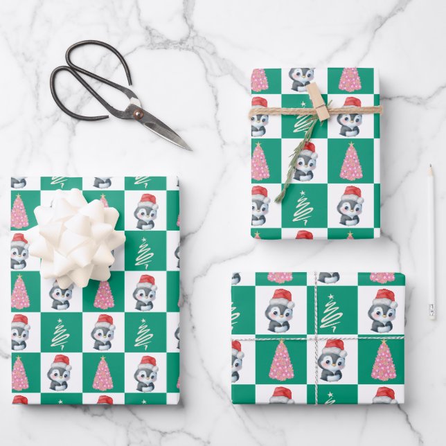 Cute Penguin Santa Merry Christmas tree party Wrapping Paper Sheet (Front)