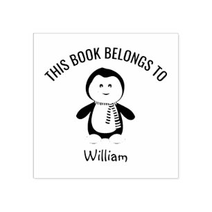 Cute Penguin Scarf This Book Belongs to Name Rubber Stamp