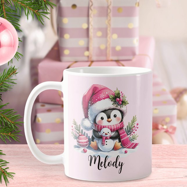 Cute Penguin Script Name Pink Christmas Coffee Mug (Creator Uploaded)