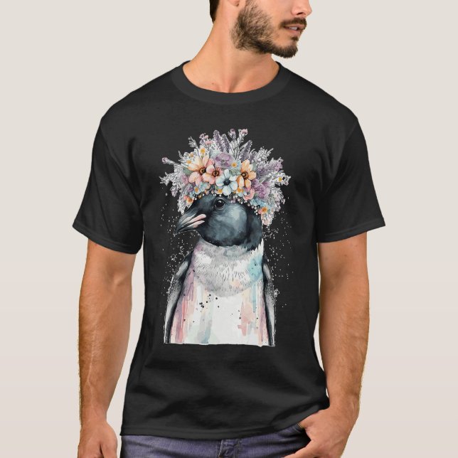Cute Penguin Seabird Flower Crown Floral Birds T-Shirt (Front)
