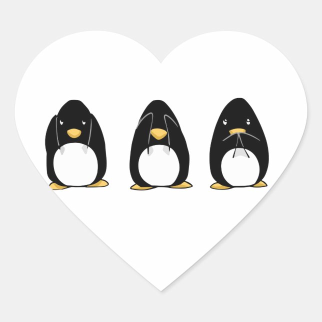 Cute Penguin See Speak Hear No Evil Heart Sticker (Front)