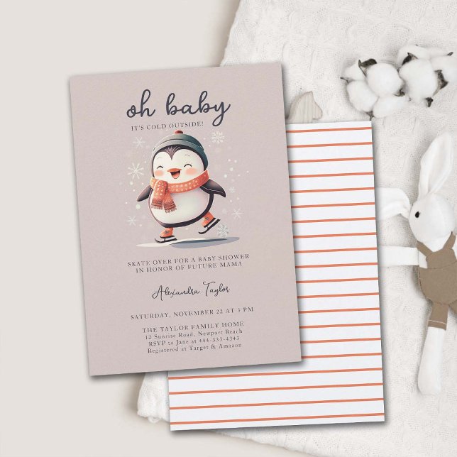 Cute Penguin Skates Cold Outside Girl Baby Shower Invitation (baby cold outside girl shower invitation winter sports skating cute adorable watercolor sweet snow)