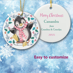 Cute Penguin Sled Wreath Kids Christmas Ceramic Tree Decoration