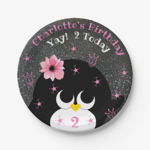 Cute Penguin Snow Dust and Sparkles Kids Birthday Paper Plate