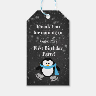 Cute Penguin Snow Much Fun First Birthday Tag