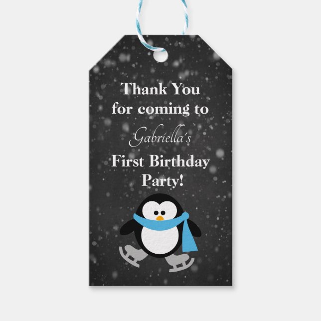 Cute Penguin Snow Much Fun First Birthday Tag (Front)
