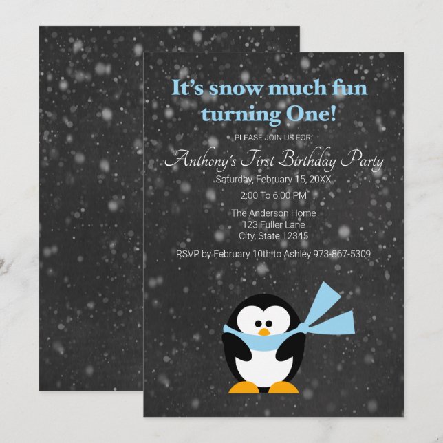 Cute Penguin Snow Much Fun Turning One Birthday Invitation (Front/Back)