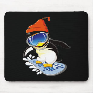 Cute Penguin Snowboarding Surfer Winter Hat Mouse Mat