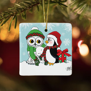 Cute Penguin Snowy Owl Friendship Ceramic Ornament