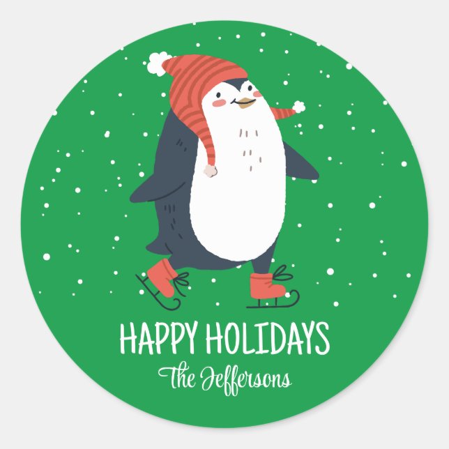 Cute Penguin Snowy Winter Holiday Christmas Animal Classic Round Sticker (Front)