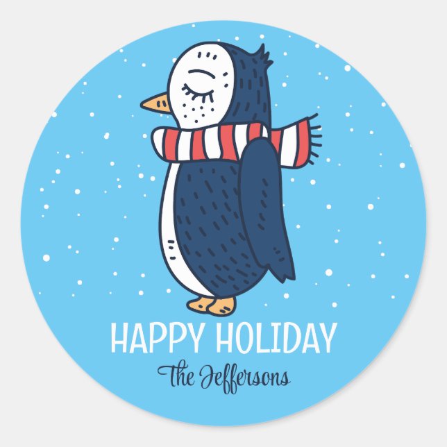 Cute Penguin Snowy Winter Holiday Christmas Animal Classic Round Sticker (Front)