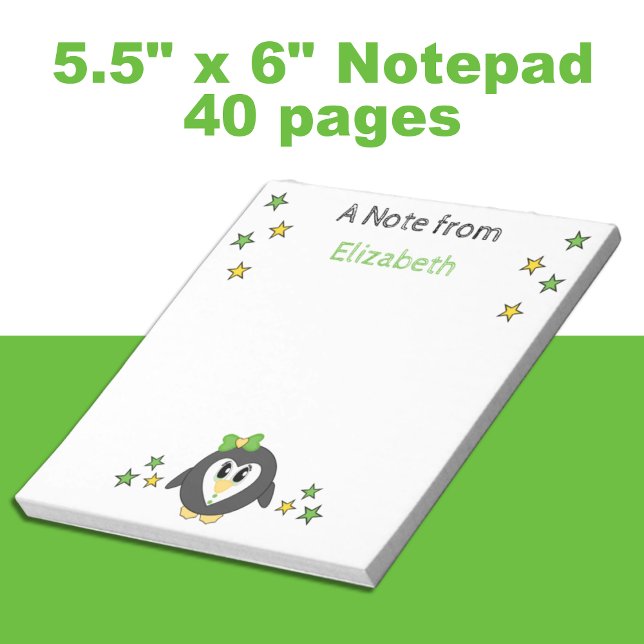 Cute penguin stars and name green kids notepad (Creator Uploaded)