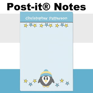 Cute penguin stars name kids blue yellow post-it notes