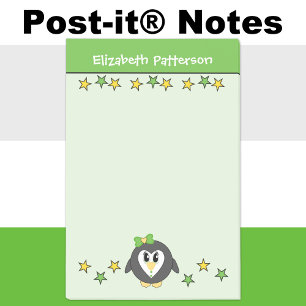 Cute penguin stars name kids green yellow post-it notes