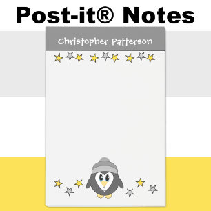Cute penguin stars name kids grey yellow post-it notes