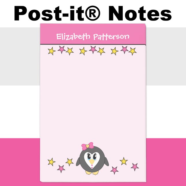 Cute penguin stars name kids pink yellow post-it notes (Creator Uploaded)