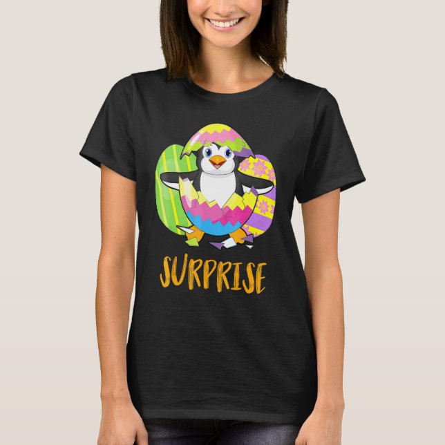 Cute Penguin Surprise With Eggs Coloful Happy East T-Shirt (Front)