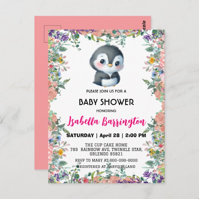 Cute penguin sweet colourful flower baby shower ki postcard (Front/Back)