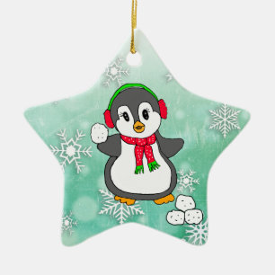 Cute Penguin Throwing Snowballs Christmas Ceramic Tree Decoration