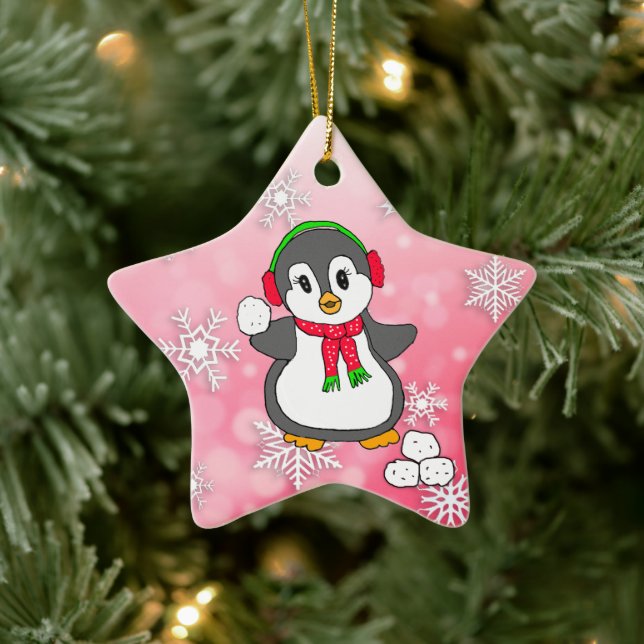 Cute Penguin Throwing Snowballs Christmas Ceramic Tree Decoration (Tree)