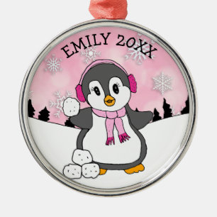 Cute Penguin Throwing Snowballs Christmas Metal Tree Decoration