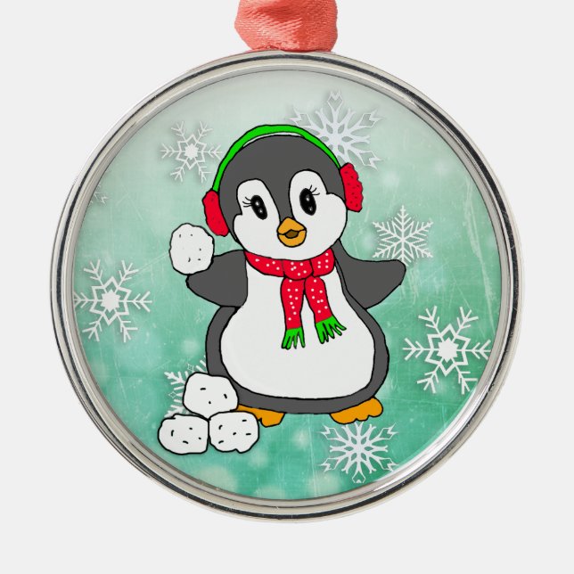 Cute Penguin Throwing Snowballs Christmas Metal Tree Decoration (Front)
