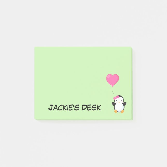 Cute Penguin w/Pink Bow and Pink Heart Balloon Post-it Notes (Front)