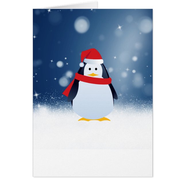 Cute Penguin w Red Santa Hat Christmas Snow Stars (Front)