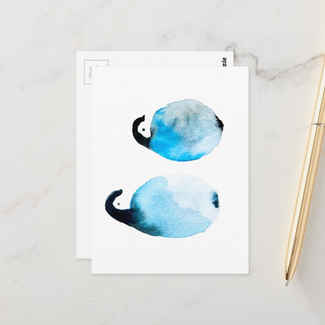 Cute penguin watercolor art postcard (Front/Back In Situ)