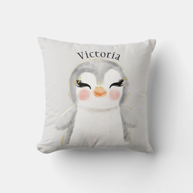 Cute Penguin Watercolor Name Typography Cushion (Front)