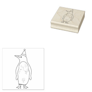 Cute Penguin Wearing A Santa Hat Line Art Rubber Stamp