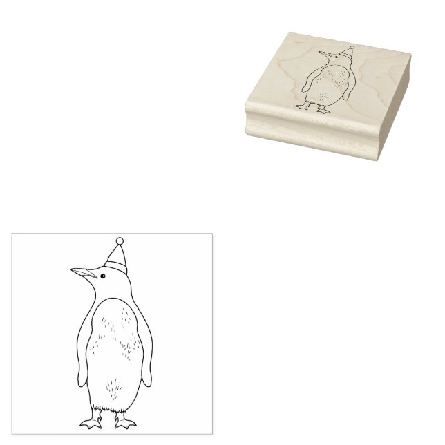 Cute Penguin Wearing A Santa Hat Line Art Rubber Stamp (Stamped)