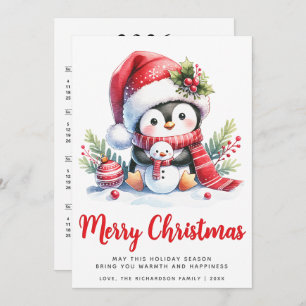 Cute Penguin White and Red Merry Christmas Holiday Card