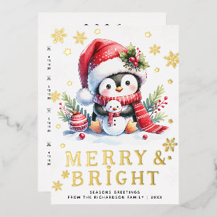Cute Penguin White Red Gold Merry Bright Christmas Foil Holiday Card