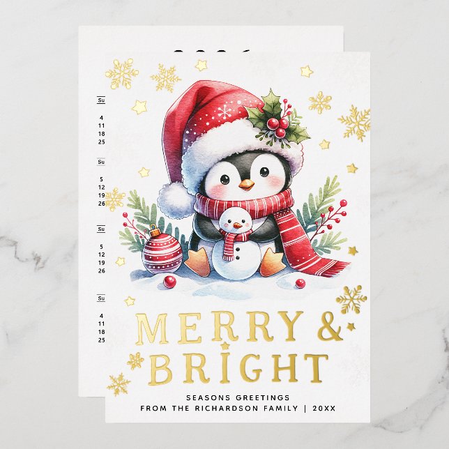 Cute Penguin White Red Gold Merry Bright Christmas Foil Holiday Card (Front/Back)