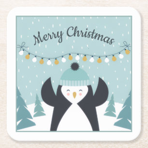 Cute Penguin Winter Art Merry Christmas Square Paper Coaster