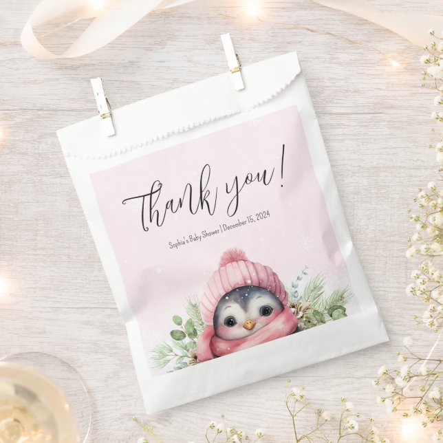 Cute Penguin Winter Baby Shower Pink Snow Favour Bags (Clipped)