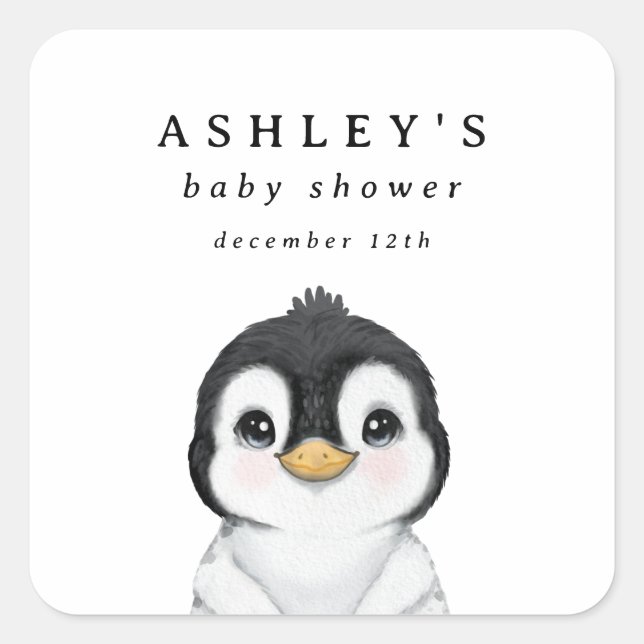 Cute Penguin Winter Baby Shower Square Sticker (Front)