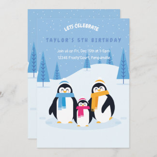 cute penguin winter birthday invitation card
