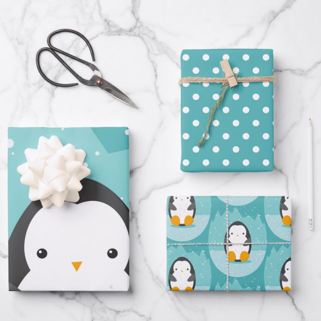 Cute Penguin Winter Cartoon Blue  Wrapping Paper Sheet (Front)