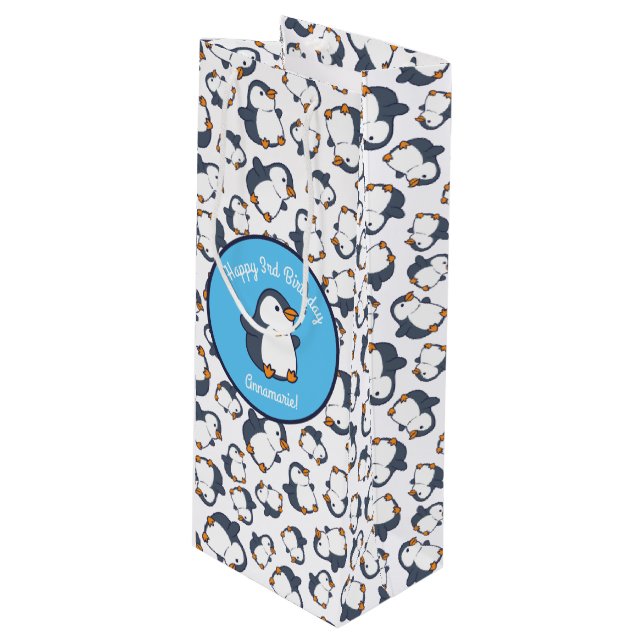 Cute Penguin Winter Kids Birthday Party Wine Gift Bag (Front Angled)