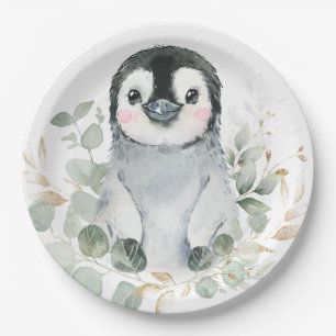 Cute Penguin Winter Onederland Greenery Gold Party Paper Plate