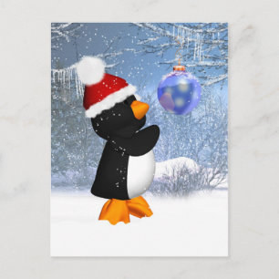 Cute Penguin Winter Postcard With Tree Decoration