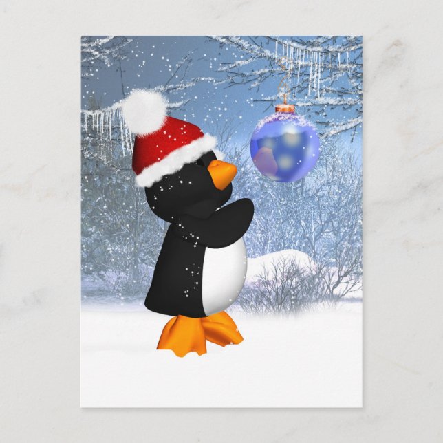 Cute Penguin Winter Postcard With Tree Decoration (Front)