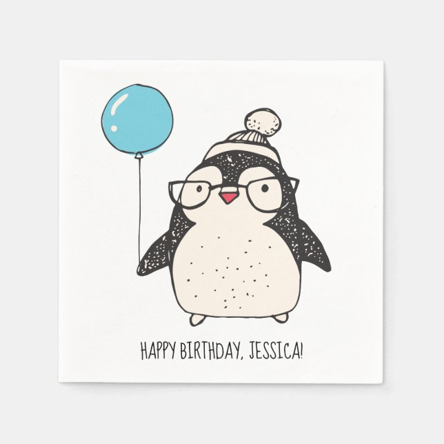 Cute Penguin with a Balloon Personalised Birthday Napkin (Front)