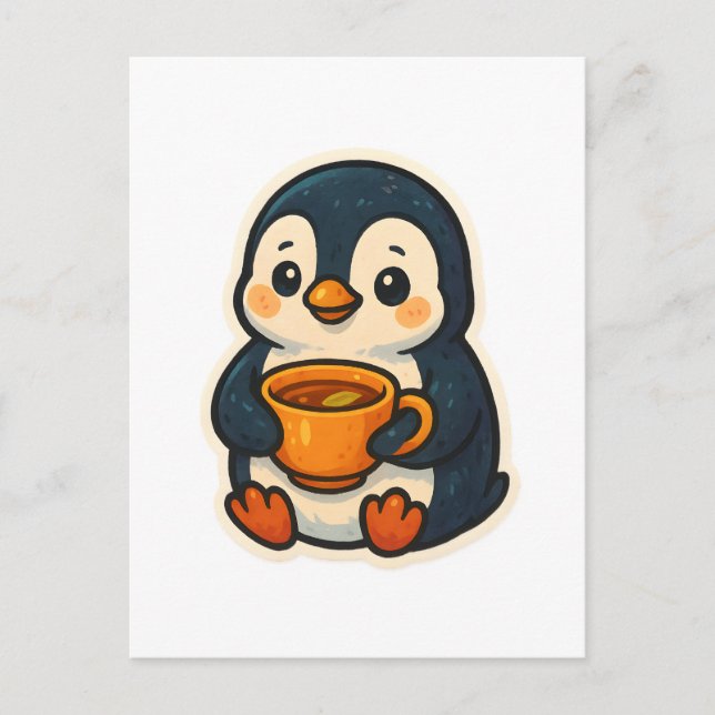Cute penguin with a cup of tea postcard (Front)